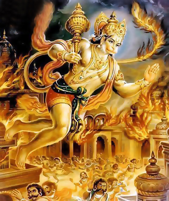 <b>हनुमान</b>, रावण की सोने की लंका को जलाते हुए। <b>हनुमान</b>, रावण की सोने की लंका को जलाते हुए।